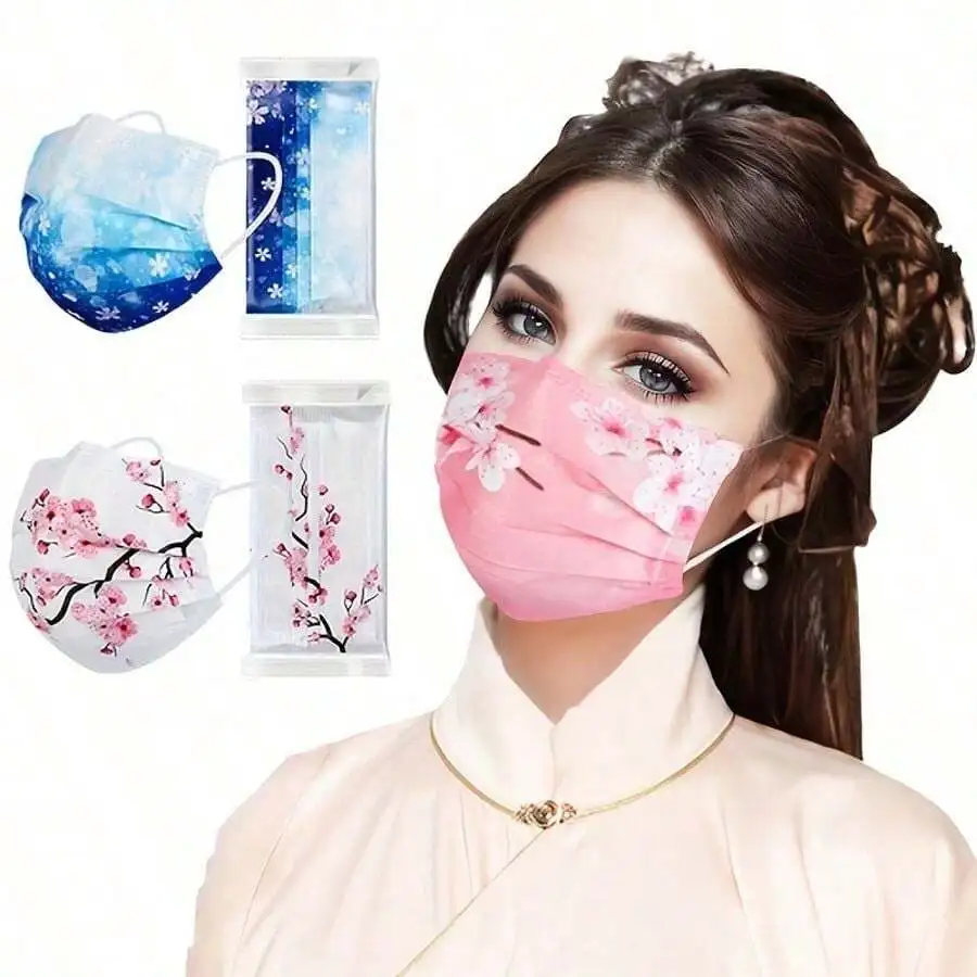 10pcs Floral Sakura Print 3-Pl - Disposable Mask Blue reseña y precio