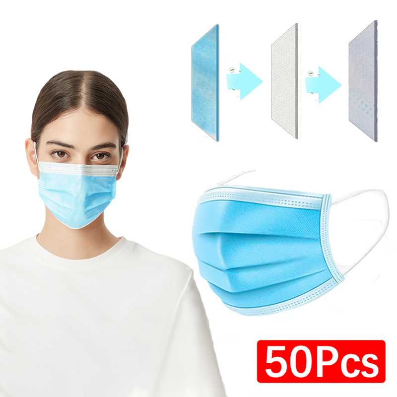 50Pcs 3-layer Mask Face Masks  - Disposable Mask Blue reseña y precio